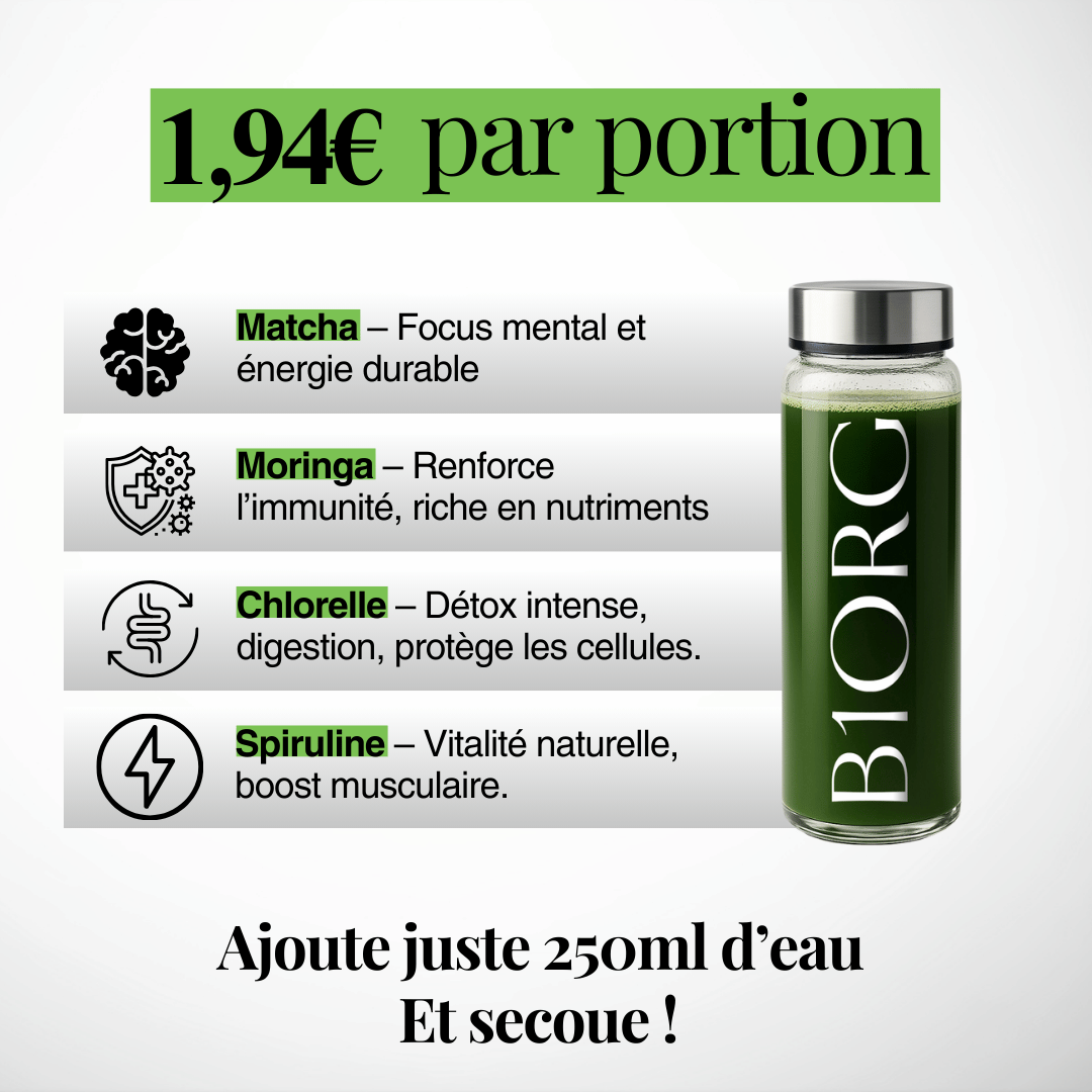 Greens by B1ORG - Complément Nutritionnel Biologique avec Vitamines Minéraux Adaptogènes Superaliments Antioxydants 30 Jours d'Utilisation Tout-en-un pour Digestion, Performance, Récupération & Bien-être Bouteille en verre premium offerte