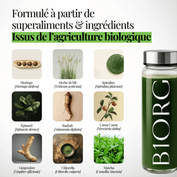 Image of Greens by B1ORG - Complément Nutritionnel Biologique avec Vitamines Minéraux Adaptogènes Superaliments Antioxydants 30 Jours d'Utilisation Tout-en-un pour Digestion, Performance, Récupération & Bien-être Bouteille en verre premium offerte