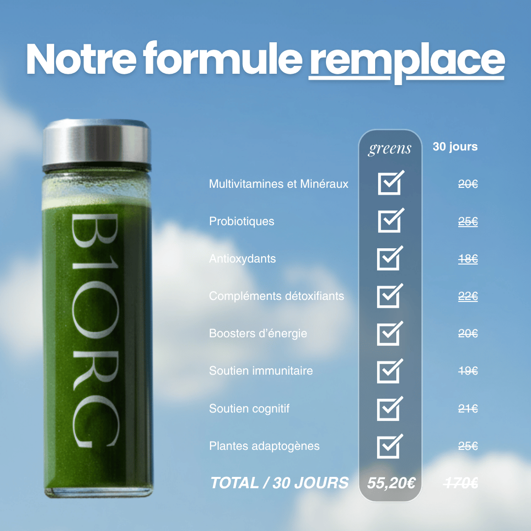 Image of Greens by B1ORG - Complément Nutritionnel Biologique avec Vitamines Minéraux Adaptogènes Superaliments Antioxydants 30 Jours d'Utilisation Tout-en-un pour Digestion, Performance, Récupération & Bien-être Bouteille en verre premium offerte