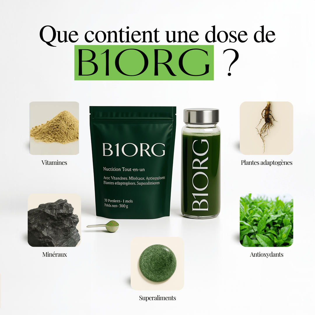 Greens by B1ORG - Complément Nutritionnel Biologique avec Vitamines Minéraux Adaptogènes Superaliments Antioxydants 30 Jours d'Utilisation Tout-en-un pour Digestion, Performance, Récupération & Bien-être Bouteille en verre premium offerte